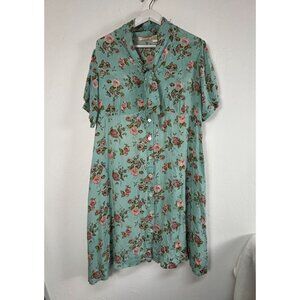 LA CERA Women's Short Sleeve Button-Up Shirt Dress Size 1X Green Floral Tie Neck